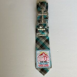 Positive Vibe Junkie Tie: Plaid Teal and Gray Tie with Cross and Pearl Accents